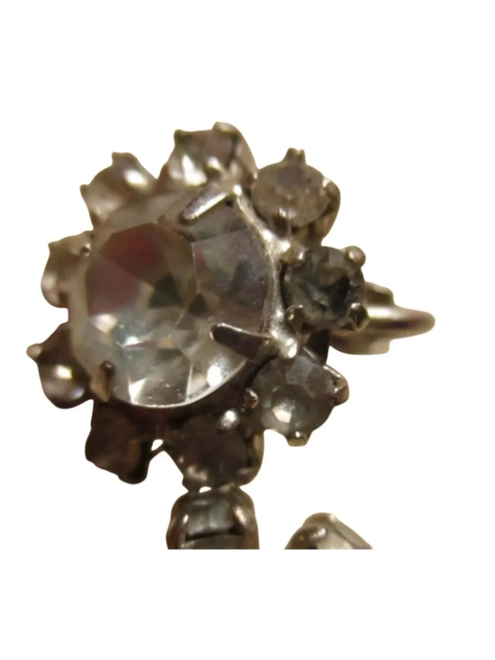Rhinestone Clip-On Earrings Estate Vintage Silver-Tone Sparkling Floral Design